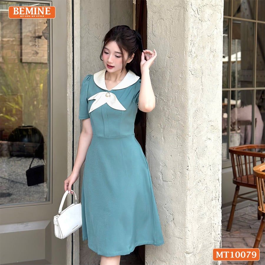 Đầm thiết kế BEMINE cổ trụ phối nơ lá dáng chữ A phù hợp đi làm-MT10079