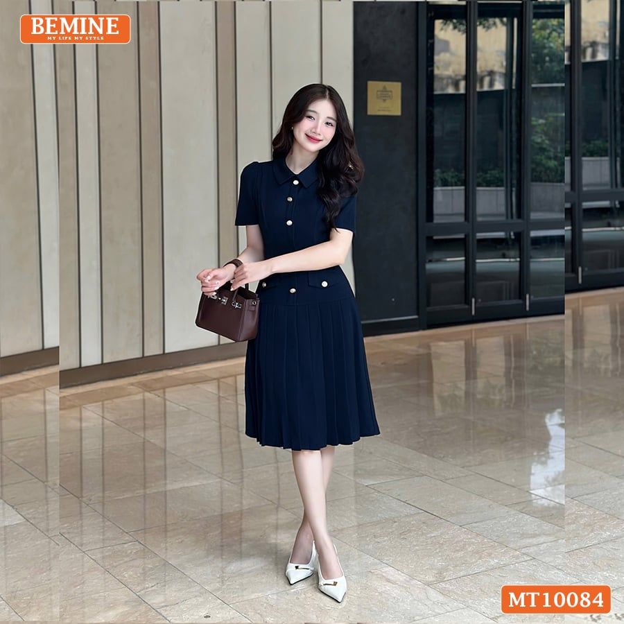 Đầm thiết kế BEMINE cổ đức đính cúc dáng chữ A tùng váy đuôi cá xếp ly phù hợp đi làm, đi tiệc-MT10084