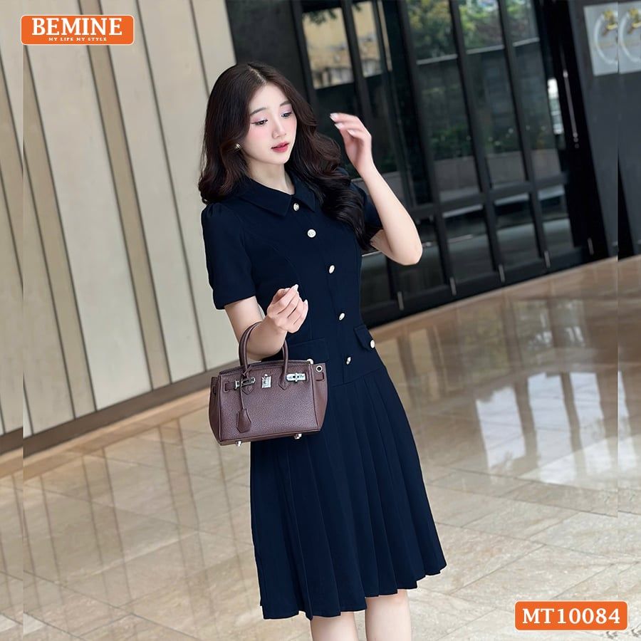 Đầm thiết kế BEMINE cổ đức đính cúc dáng chữ A tùng váy đuôi cá xếp ly phù hợp đi làm, đi tiệc-MT10084