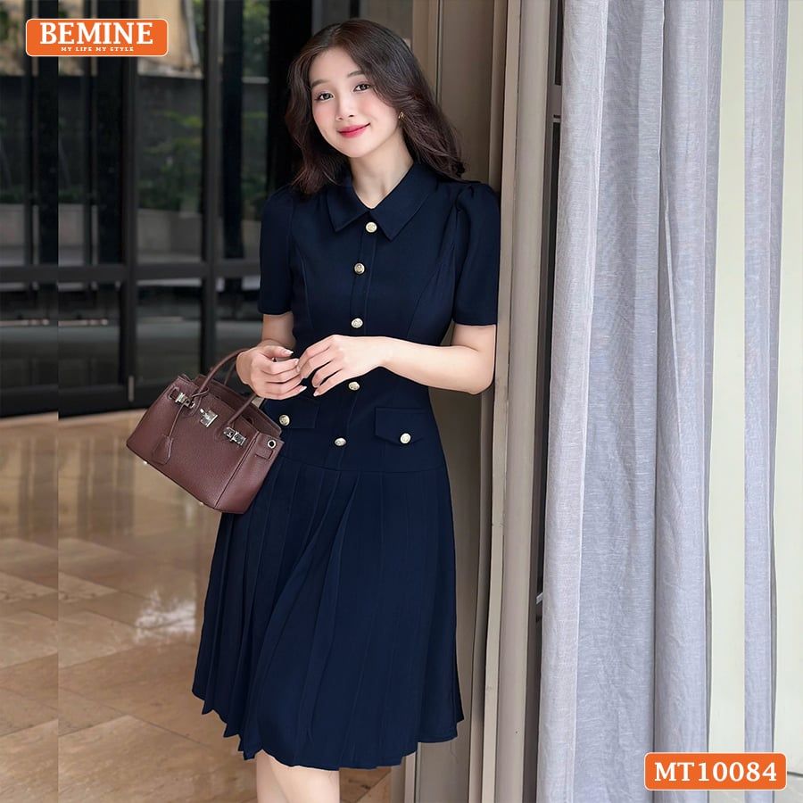Đầm thiết kế BEMINE cổ đức đính cúc dáng chữ A tùng váy đuôi cá xếp ly phù hợp đi làm, đi tiệc-MT10084