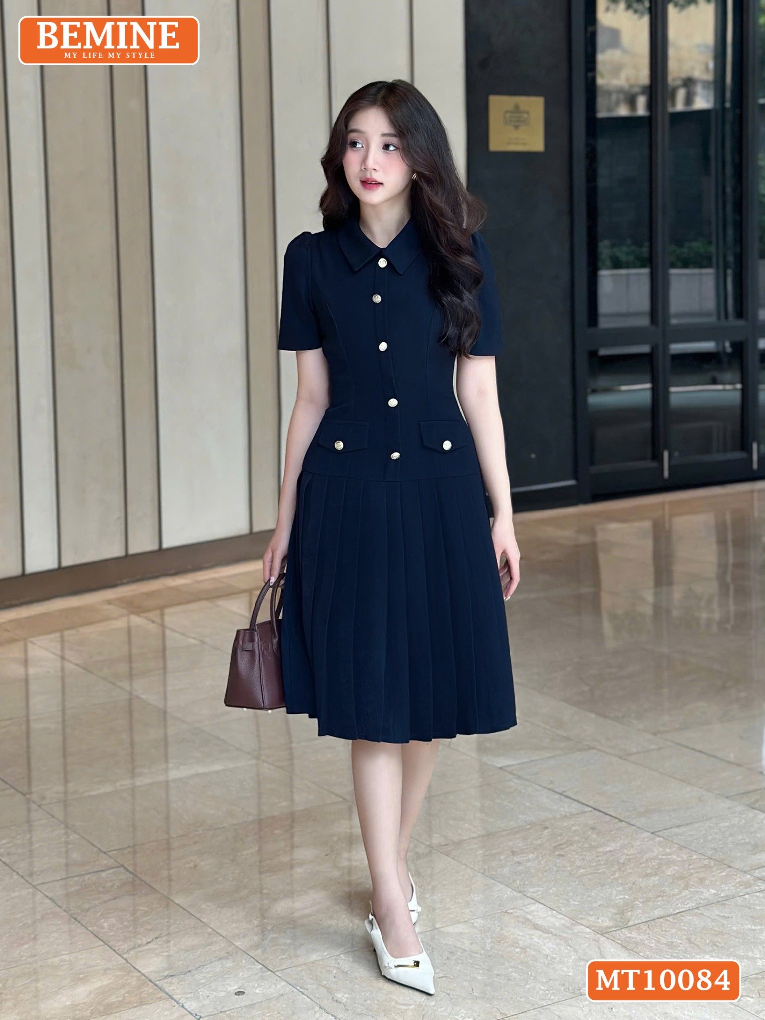 Đầm thiết kế BEMINE cổ đức đính cúc dáng chữ A tùng váy đuôi cá xếp ly phù hợp đi làm, đi tiệc-MT10084