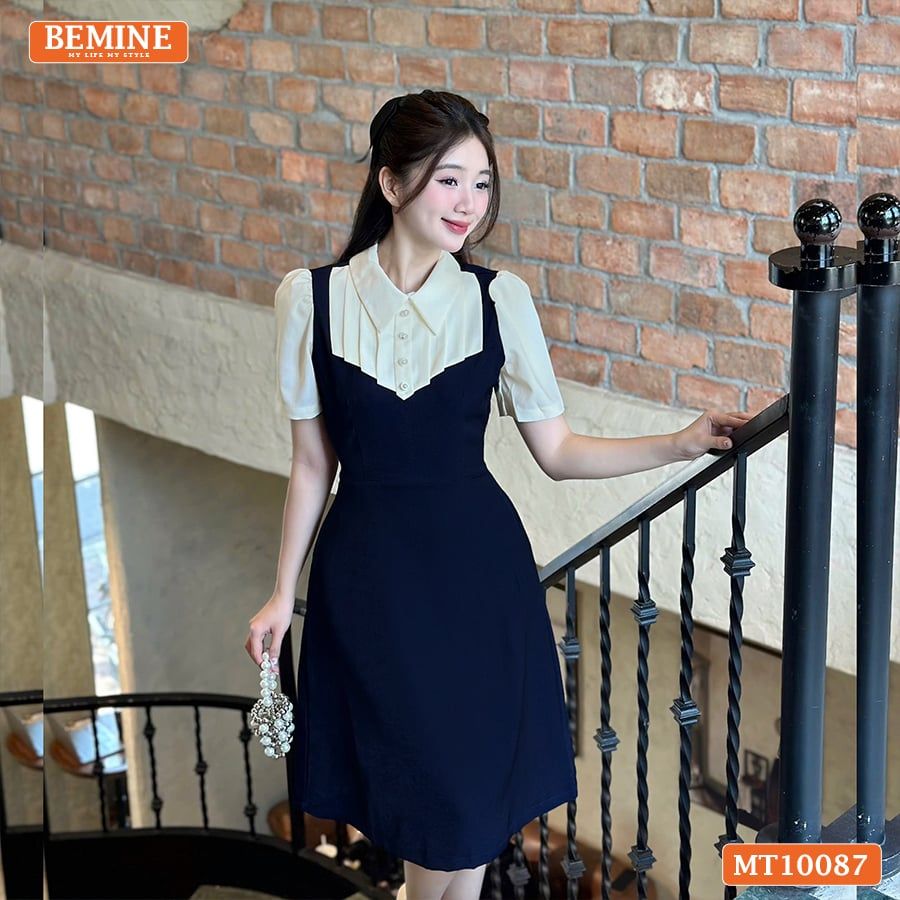 Đầm thiết kế BEMINE cổ đức phối xếp ly giả yếm dáng chữ A phù hợp đi làm, đi chơi-MT10087