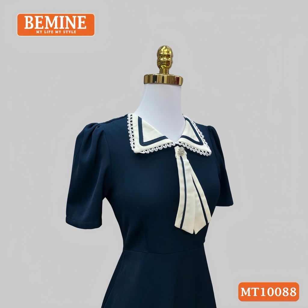 Đầm thiết kế BEMINE cổ nơ phối ren tay phồng dáng chữ A phù hợp đi làm, đi dạo phố-MT10088