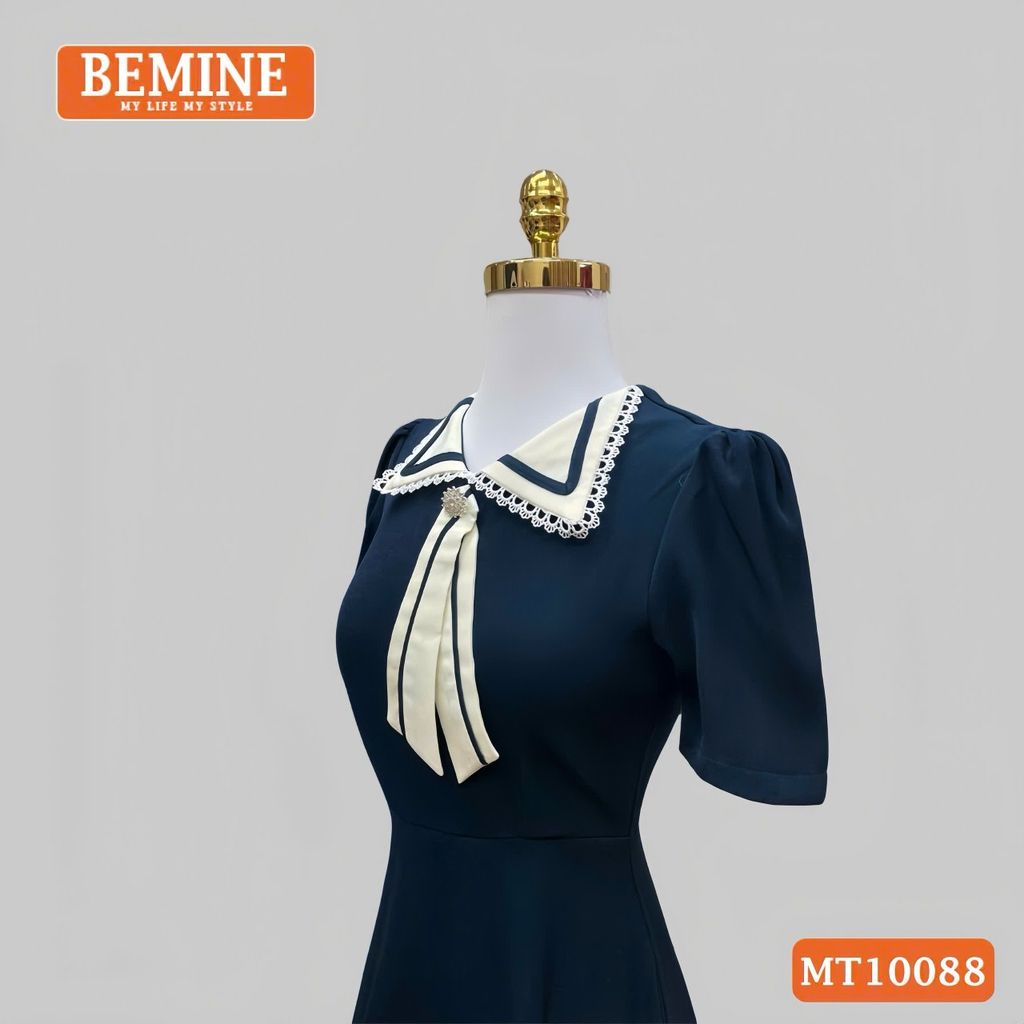 Đầm thiết kế BEMINE cổ nơ phối ren tay phồng dáng chữ A phù hợp đi làm, đi dạo phố-MT10088