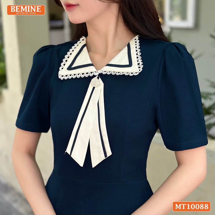 Đầm thiết kế BEMINE cổ nơ phối ren tay phồng dáng chữ A phù hợp đi làm, đi dạo phố-MT10088