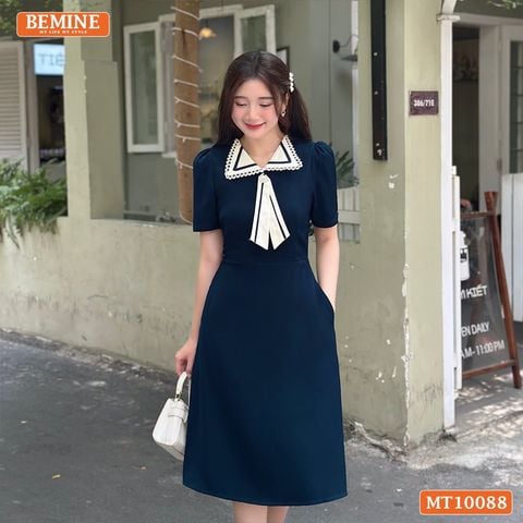 Đầm thiết kế BEMINE cổ nơ phối ren tay phồng dáng chữ A phù hợp đi làm, đi dạo phố-MT10088