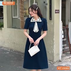 Đầm thiết kế BEMINE cổ nơ phối ren tay phồng dáng chữ A phù hợp đi làm, đi dạo phố-MT10088