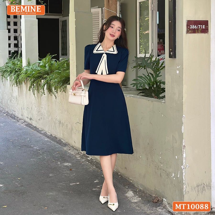 Đầm thiết kế BEMINE cổ nơ phối ren tay phồng dáng chữ A phù hợp đi làm, đi dạo phố-MT10088