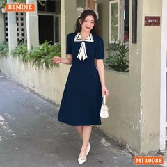 Đầm thiết kế BEMINE cổ nơ phối ren tay phồng dáng chữ A phù hợp đi làm, đi dạo phố-MT10088