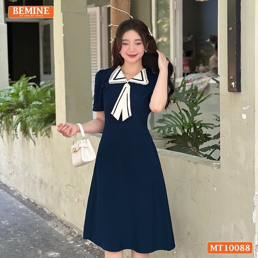 Đầm thiết kế BEMINE cổ nơ phối ren tay phồng dáng chữ A phù hợp đi làm, đi dạo phố-MT10088