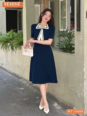 Đầm thiết kế BEMINE cổ nơ phối ren tay phồng dáng chữ A phù hợp đi làm, đi dạo phố-MT10088