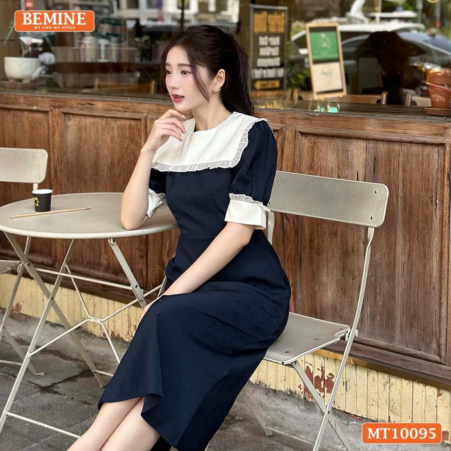 Đầm thiết kế BEMINE cổ thủy thủ phối viền bèo dáng chữ A tay lỡ phù hợp đi làm, đi chơi-MT10095