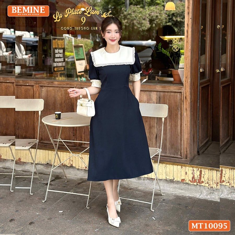 Đầm thiết kế BEMINE cổ thủy thủ phối viền bèo dáng chữ A tay lỡ phù hợp đi làm, đi chơi-MT10095