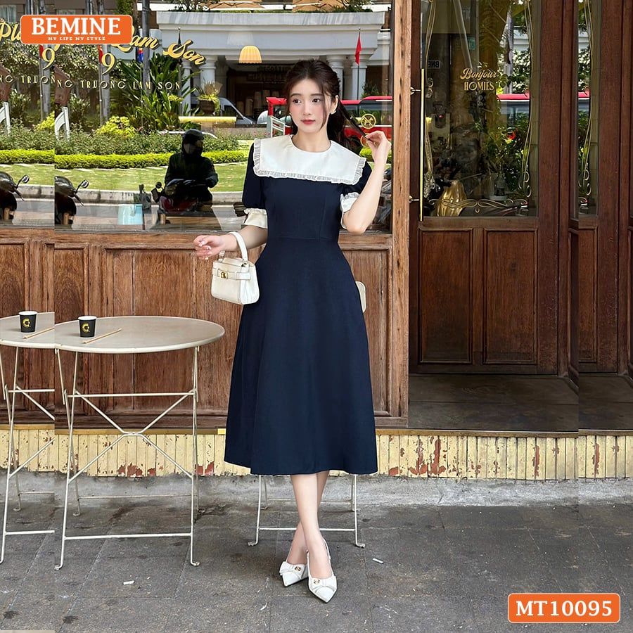 Đầm thiết kế BEMINE cổ thủy thủ phối viền bèo dáng chữ A tay lỡ phù hợp đi làm, đi chơi-MT10095