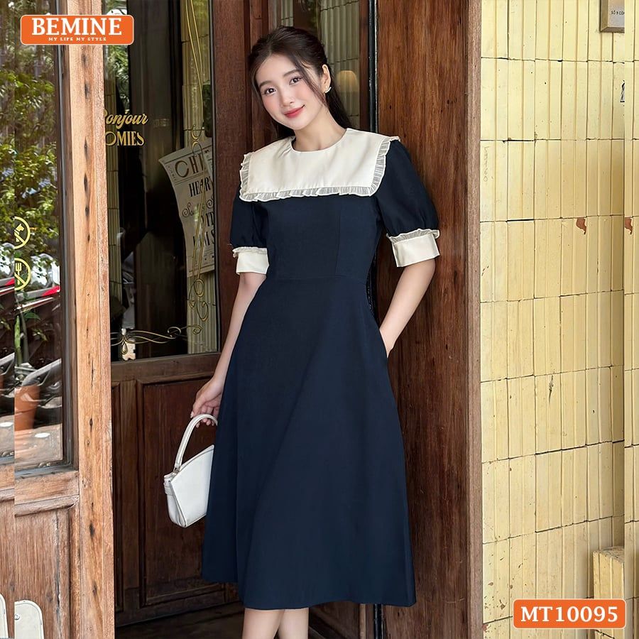 Đầm thiết kế BEMINE cổ thủy thủ phối viền bèo dáng chữ A tay lỡ phù hợp đi làm, đi chơi-MT10095