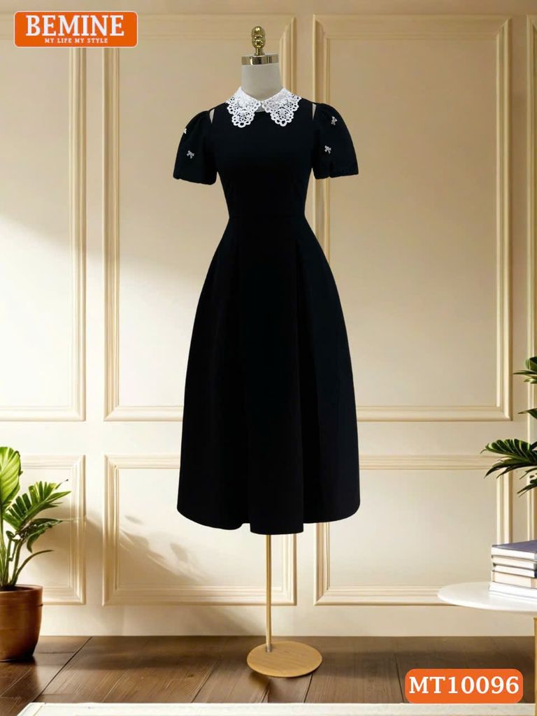 Đầm thiết kế BEMINE cổ ren khoét vai tay phồng dáng chữ A phù hợp đi làm-MT10096