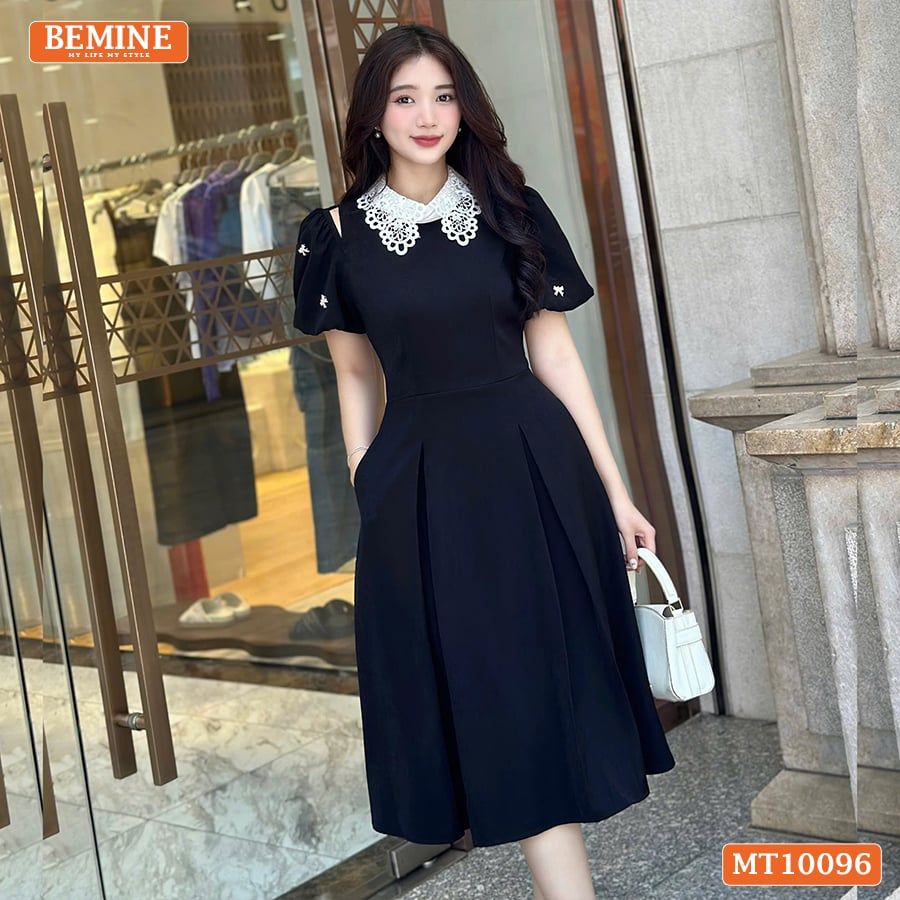 Đầm thiết kế BEMINE cổ ren khoét vai tay phồng dáng chữ A phù hợp đi làm-MT10096