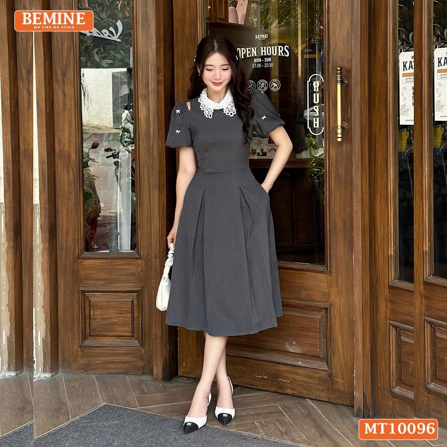 Đầm thiết kế BEMINE cổ ren khoét vai tay phồng dáng chữ A phù hợp đi làm-MT10096