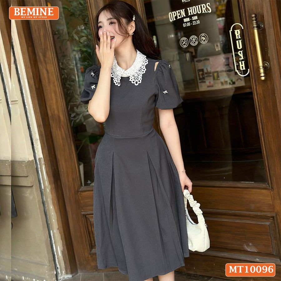 Đầm thiết kế BEMINE cổ ren khoét vai tay phồng dáng chữ A phù hợp đi làm-MT10096