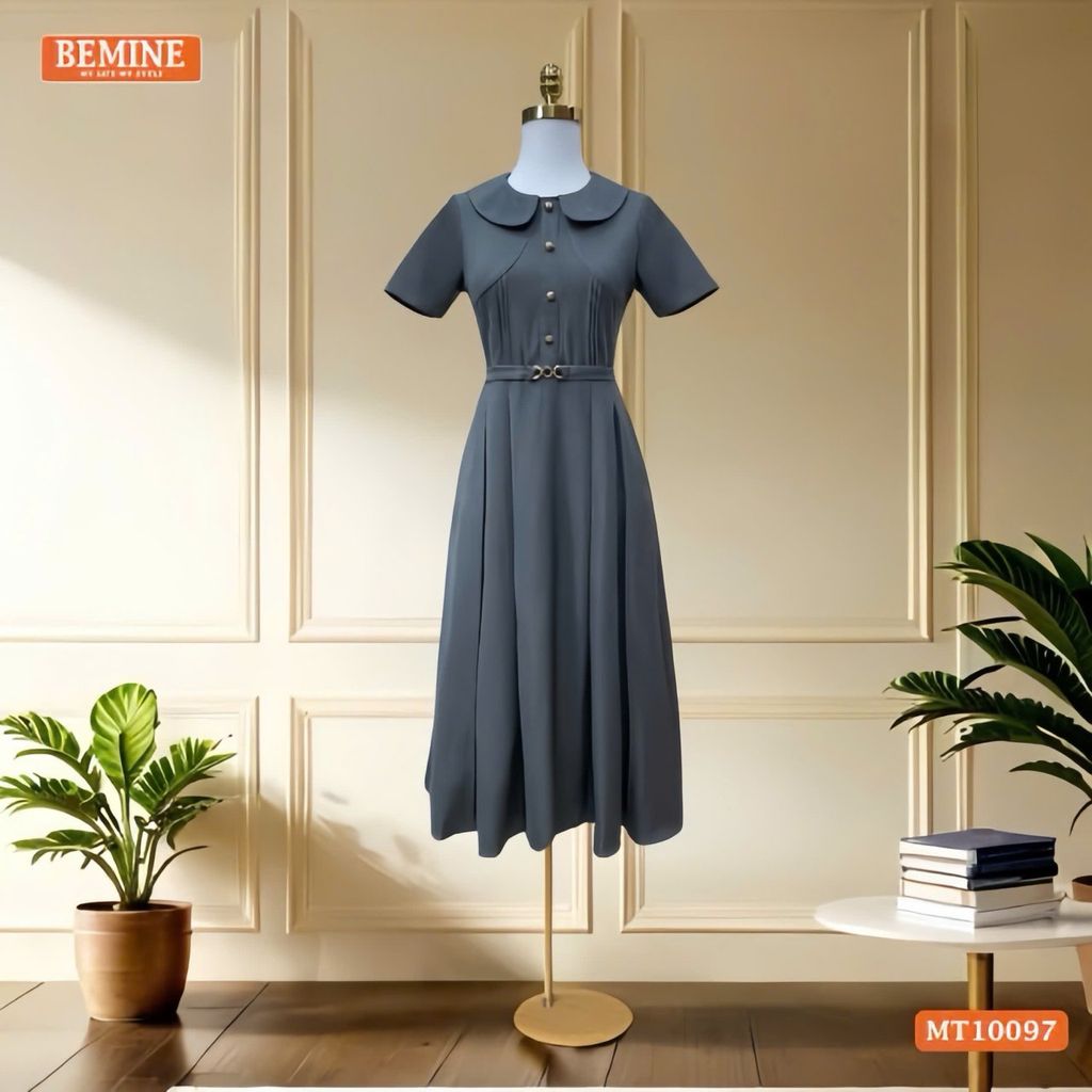 Đầm thiết kế BEMINE cổ sen đính cúc dáng chữ A phù hợp đi làm, đi chơi-MT10097