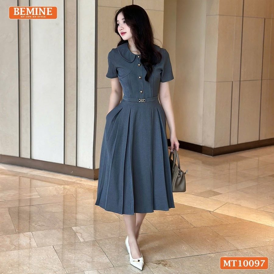 Đầm thiết kế BEMINE cổ sen đính cúc dáng chữ A phù hợp đi làm, đi chơi-MT10097