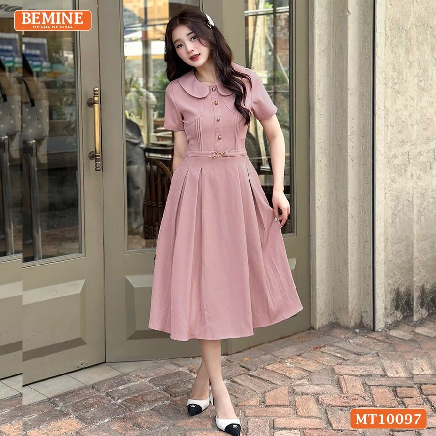 Đầm thiết kế BEMINE cổ ren khoét vai tay phồng dáng chữ A phù hợp đi làm-MT10096