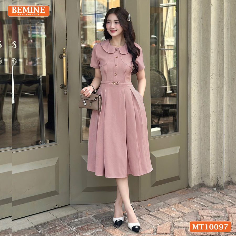Đầm thiết kế BEMINE cổ ren khoét vai tay phồng dáng chữ A phù hợp đi làm-MT10096