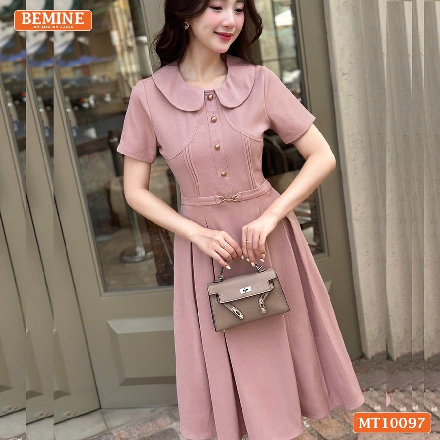 Đầm thiết kế BEMINE cổ ren khoét vai tay phồng dáng chữ A phù hợp đi làm-MT10096