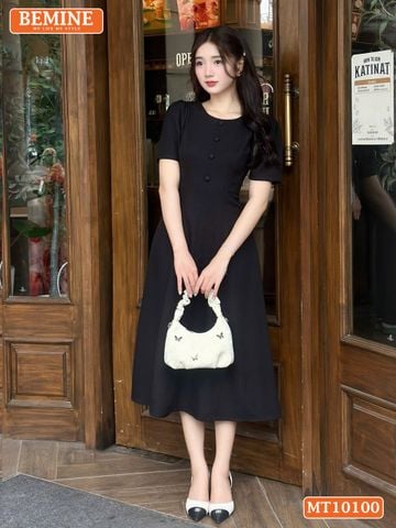 Đầm thiết kế BEMINE cổ tròn đính cúc dáng chữ A tay ngắn phù hợp đi làm, đi dạo phố-MT10100