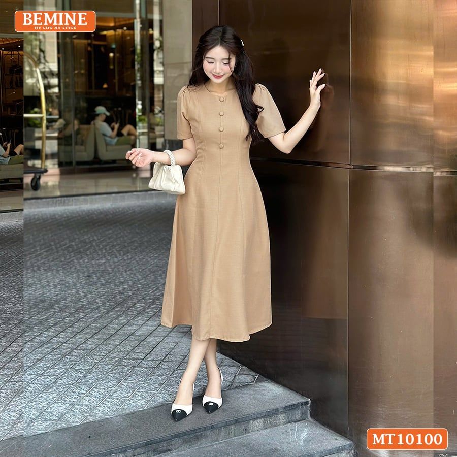 Đầm thiết kế BEMINE cổ tròn đính cúc dáng chữ A tay ngắn phù hợp đi làm, đi dạo phố-MT10100