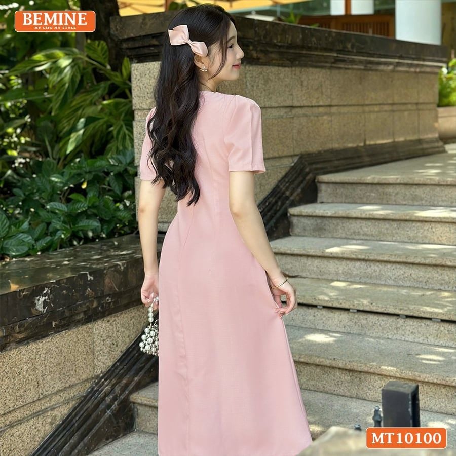Đầm thiết kế BEMINE cổ tròn đính cúc dáng chữ A tay ngắn phù hợp đi làm, đi dạo phố-MT10100