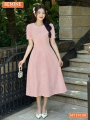 Đầm thiết kế BEMINE cổ tròn đính cúc dáng chữ A tay ngắn phù hợp đi làm, đi dạo phố-MT10100