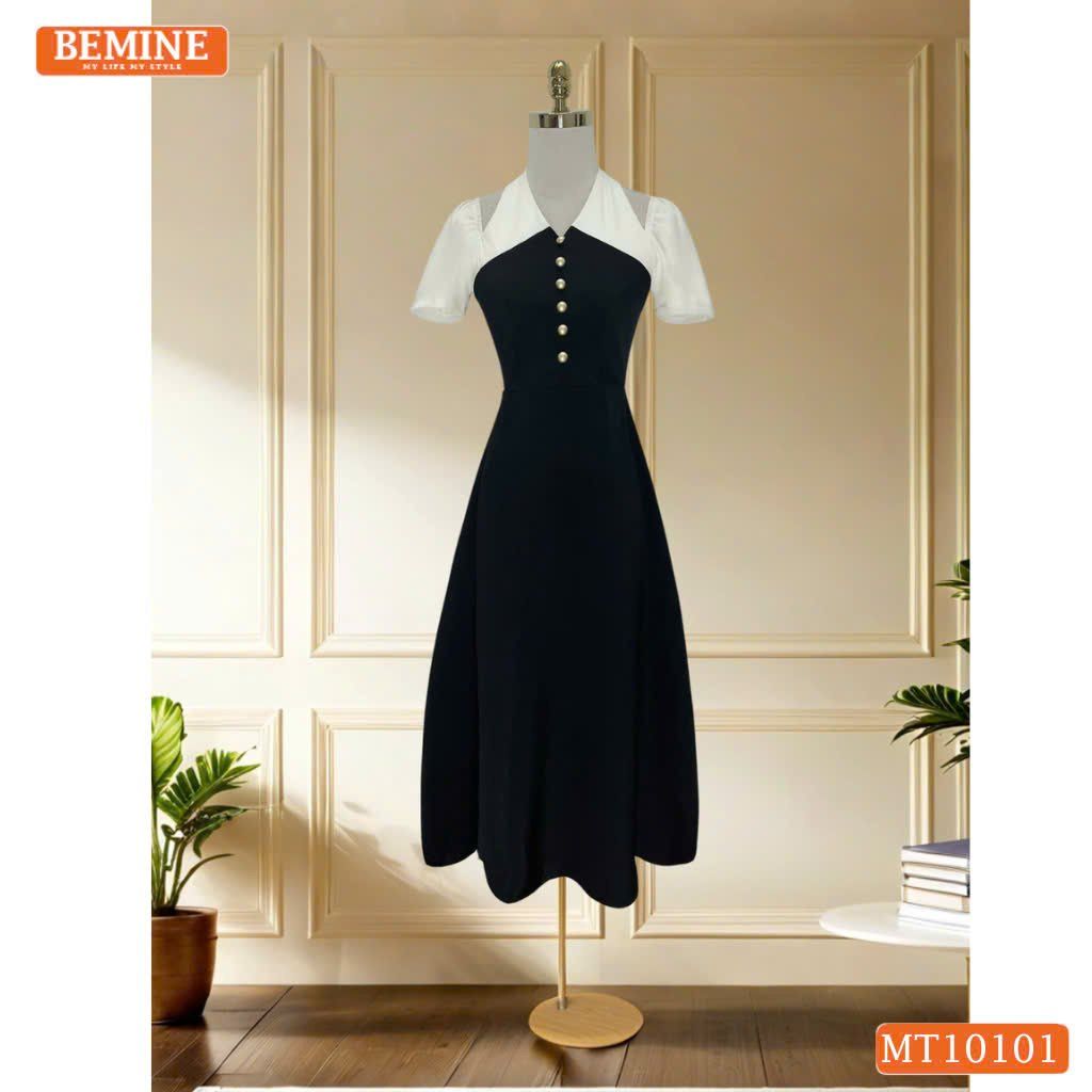 Đầm thiết kế BEMINE cổ V khoét vai đính cúc dáng chữ A phù hợp đi làm-MT10101