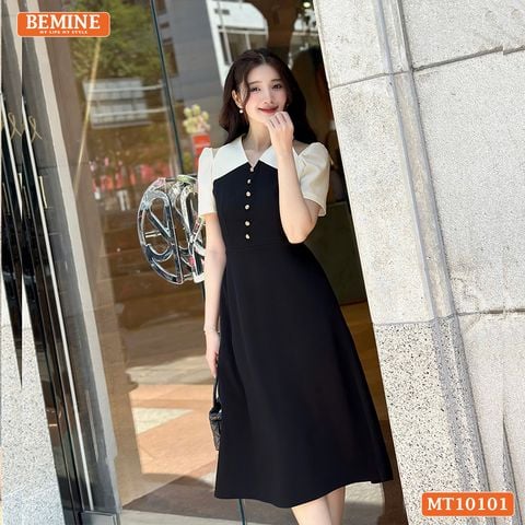 Đầm thiết kế BEMINE cổ V khoét vai đính cúc dáng chữ A phù hợp đi làm-MT10101