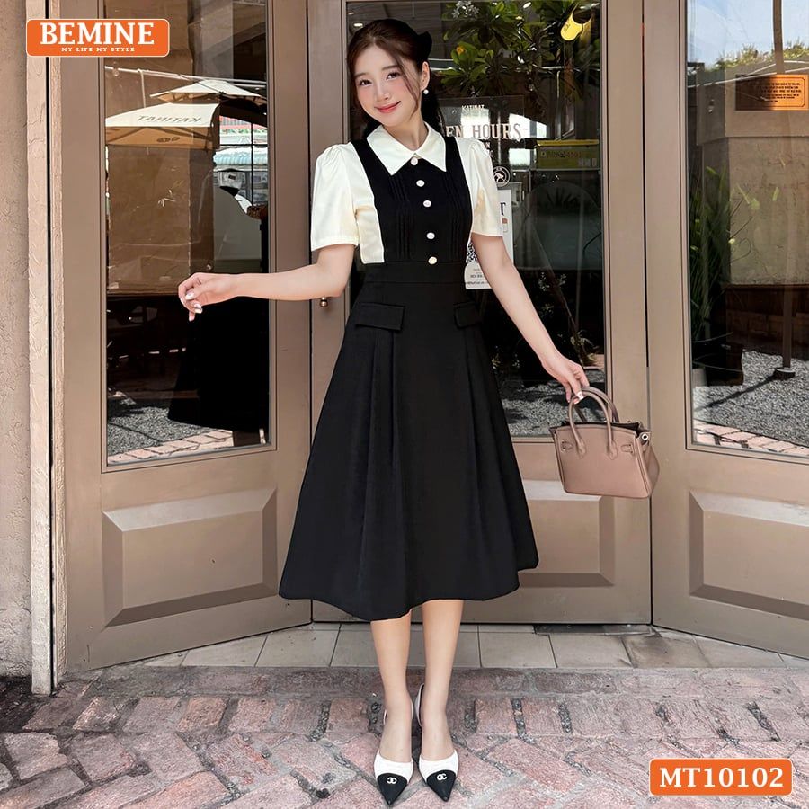 Đầm thiết kế BEMINE cổ đức phối xếp ly đính cúc dáng chữ A phù hợp đi làm-MT10102