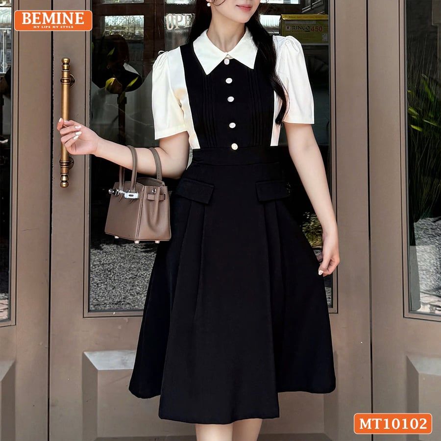 Đầm thiết kế BEMINE cổ đức phối xếp ly đính cúc dáng chữ A phù hợp đi làm-MT10102