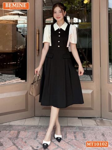 Đầm thiết kế BEMINE cổ đức phối xếp ly đính cúc dáng chữ A phù hợp đi làm-MT10102