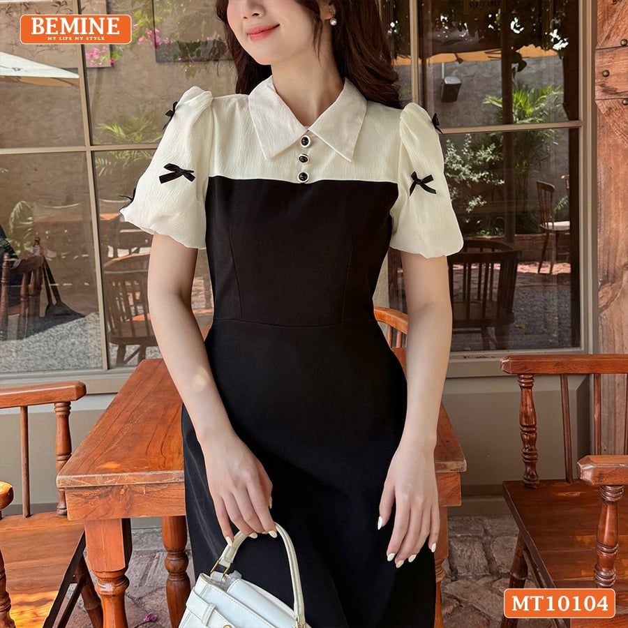 Đầm thiết kế BEMINE cổ đức tay phồng đính nơ dáng chữ A phù hợp đi làm, đi chơi-MT10104