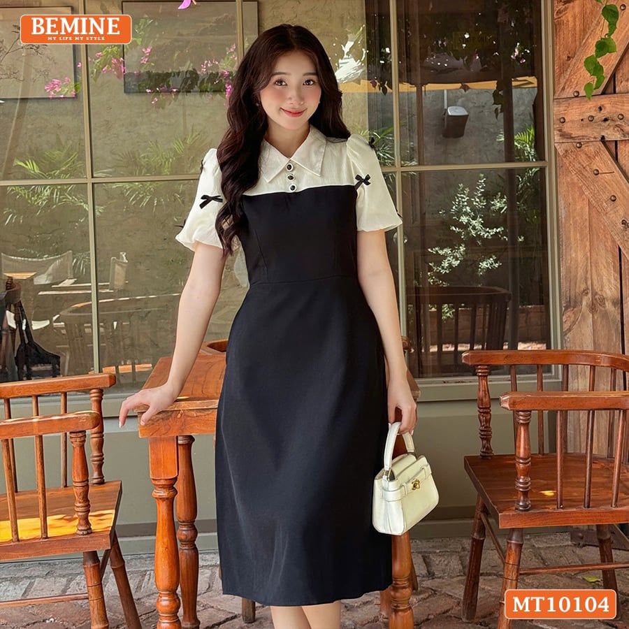 Đầm thiết kế BEMINE cổ đức tay phồng đính nơ dáng chữ A phù hợp đi làm, đi chơi-MT10104