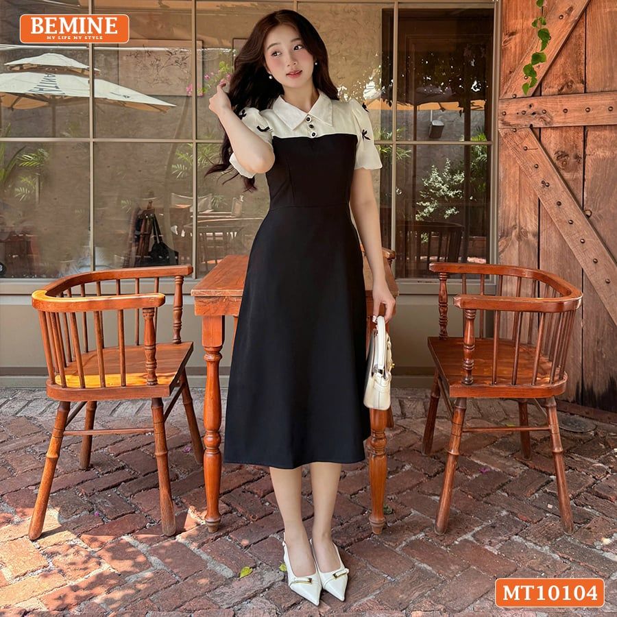 Đầm thiết kế BEMINE cổ đức tay phồng đính nơ dáng chữ A phù hợp đi làm, đi chơi-MT10104