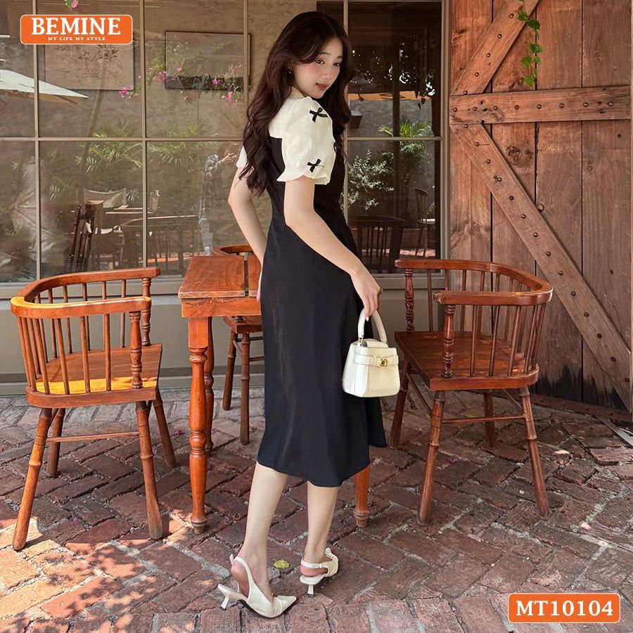 Đầm thiết kế BEMINE cổ đức tay phồng đính nơ dáng chữ A phù hợp đi làm, đi chơi-MT10104
