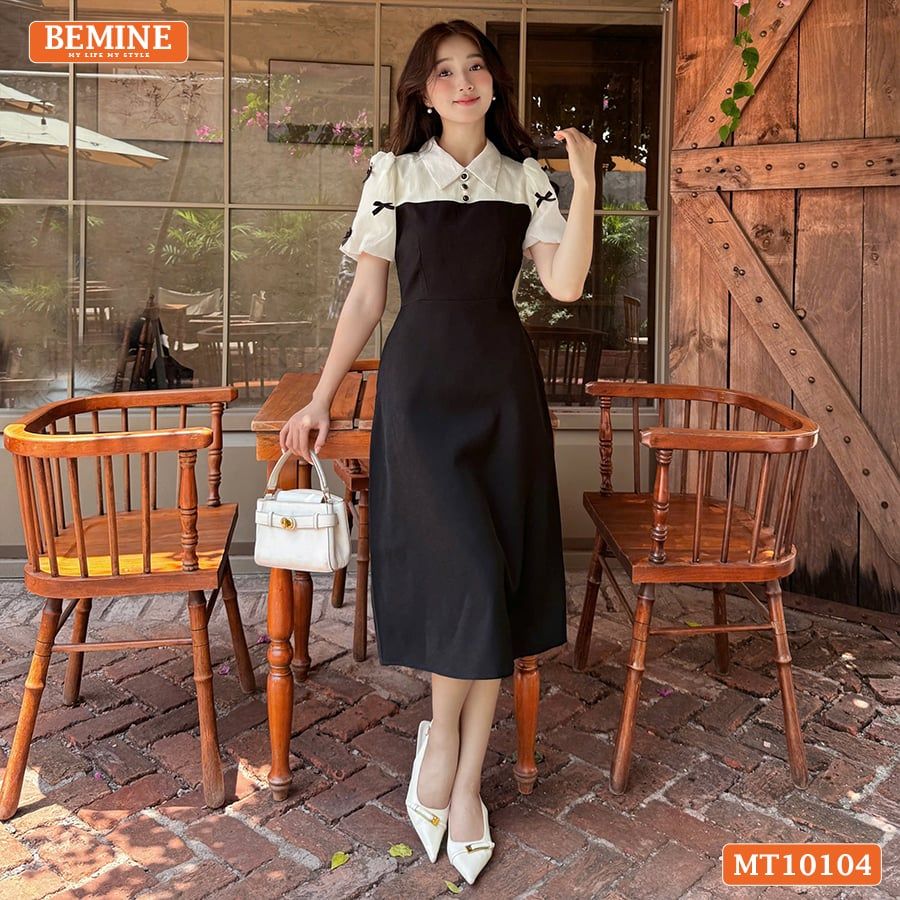 Đầm thiết kế BEMINE cổ đức tay phồng đính nơ dáng chữ A phù hợp đi làm, đi chơi-MT10104