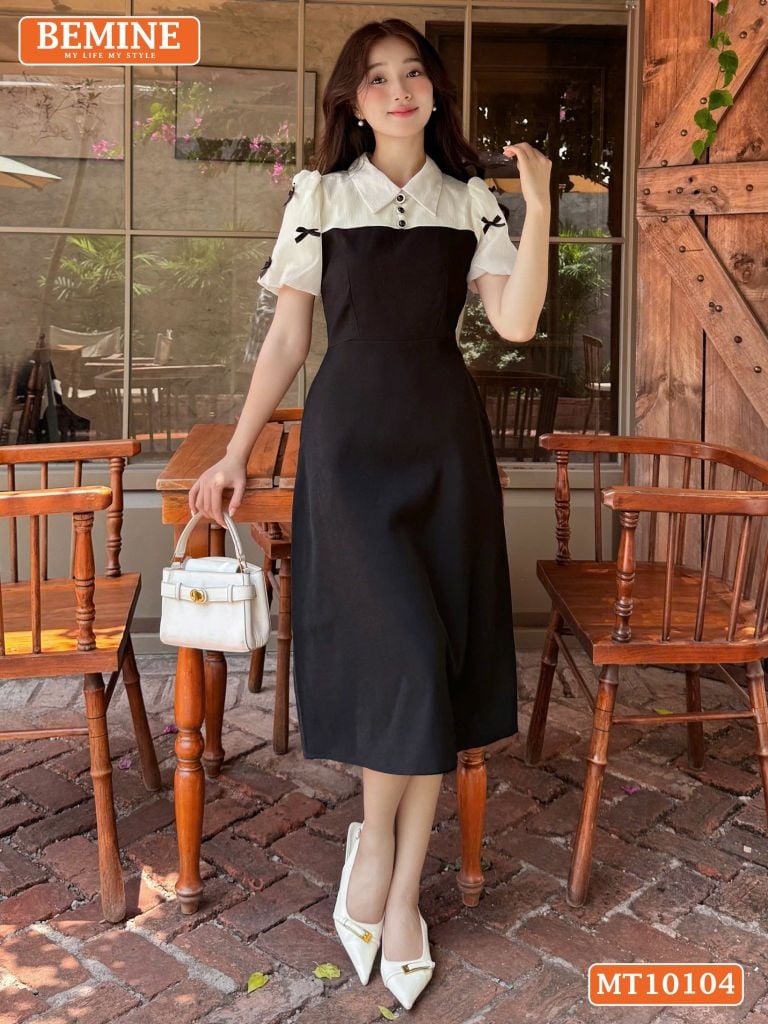 Đầm thiết kế BEMINE cổ đức tay phồng đính nơ dáng chữ A phù hợp đi làm, đi chơi-MT10104