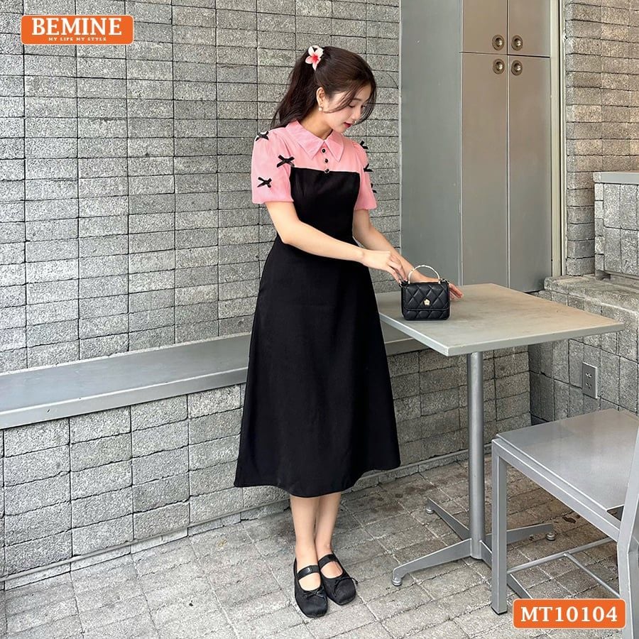 Đầm thiết kế BEMINE cổ đức tay phồng đính nơ dáng chữ A phù hợp đi làm, đi chơi-MT10104