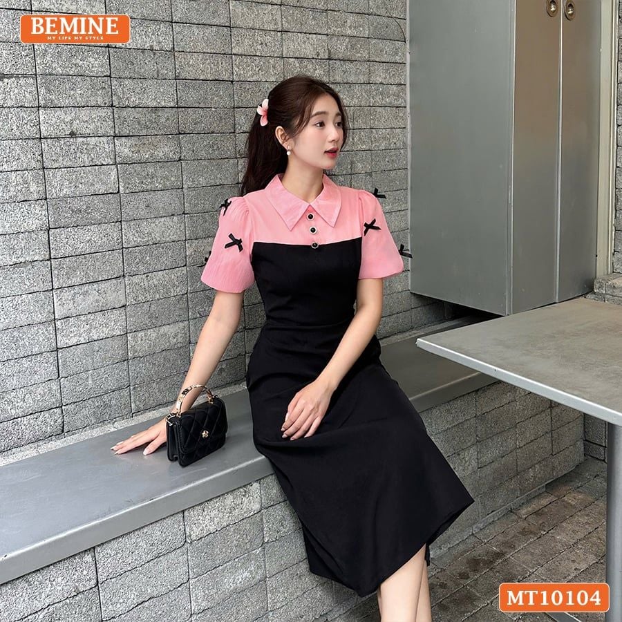 Đầm thiết kế BEMINE cổ đức tay phồng đính nơ dáng chữ A phù hợp đi làm, đi chơi-MT10104