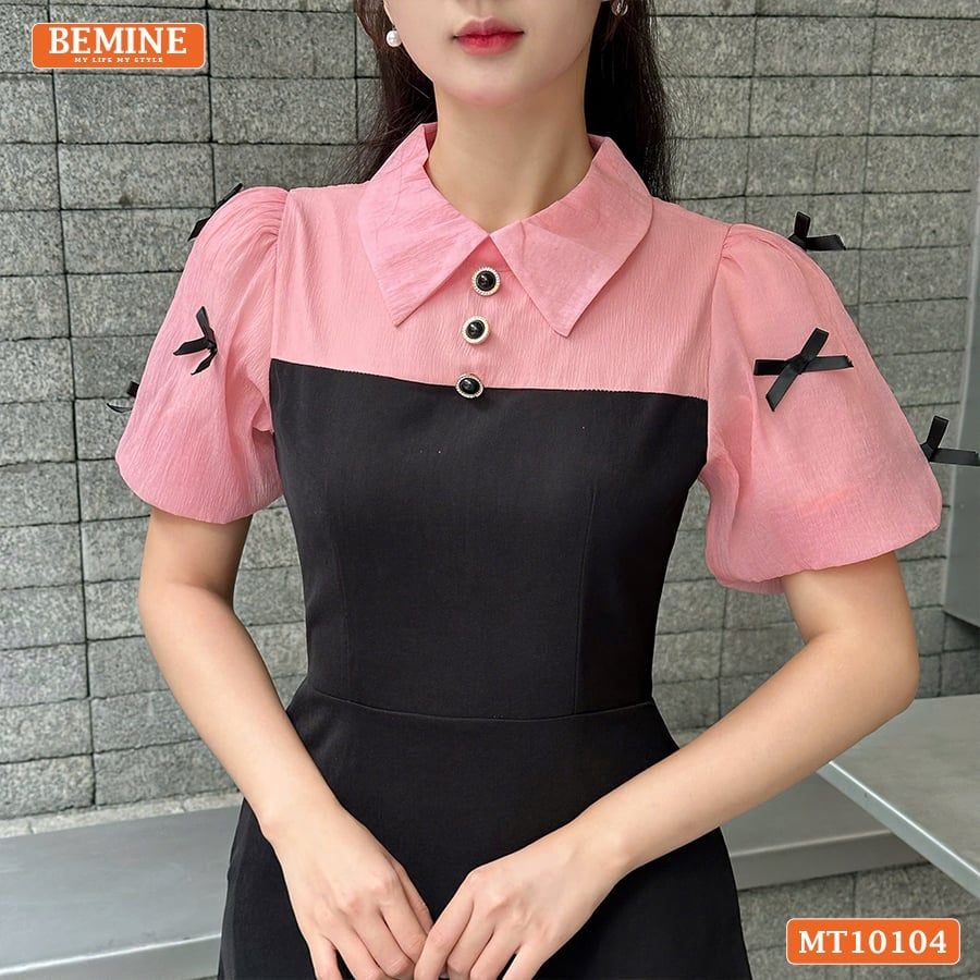 Đầm thiết kế BEMINE cổ đức tay phồng đính nơ dáng chữ A phù hợp đi làm, đi chơi-MT10104