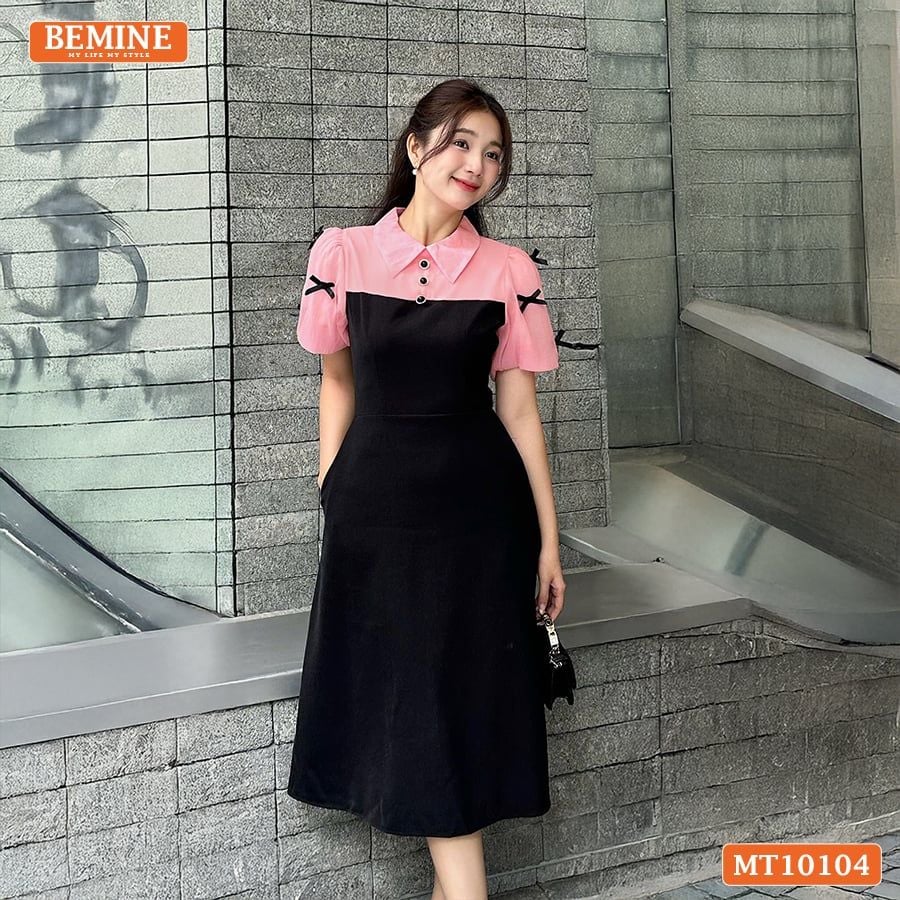 Đầm thiết kế BEMINE cổ đức tay phồng đính nơ dáng chữ A phù hợp đi làm, đi chơi-MT10104