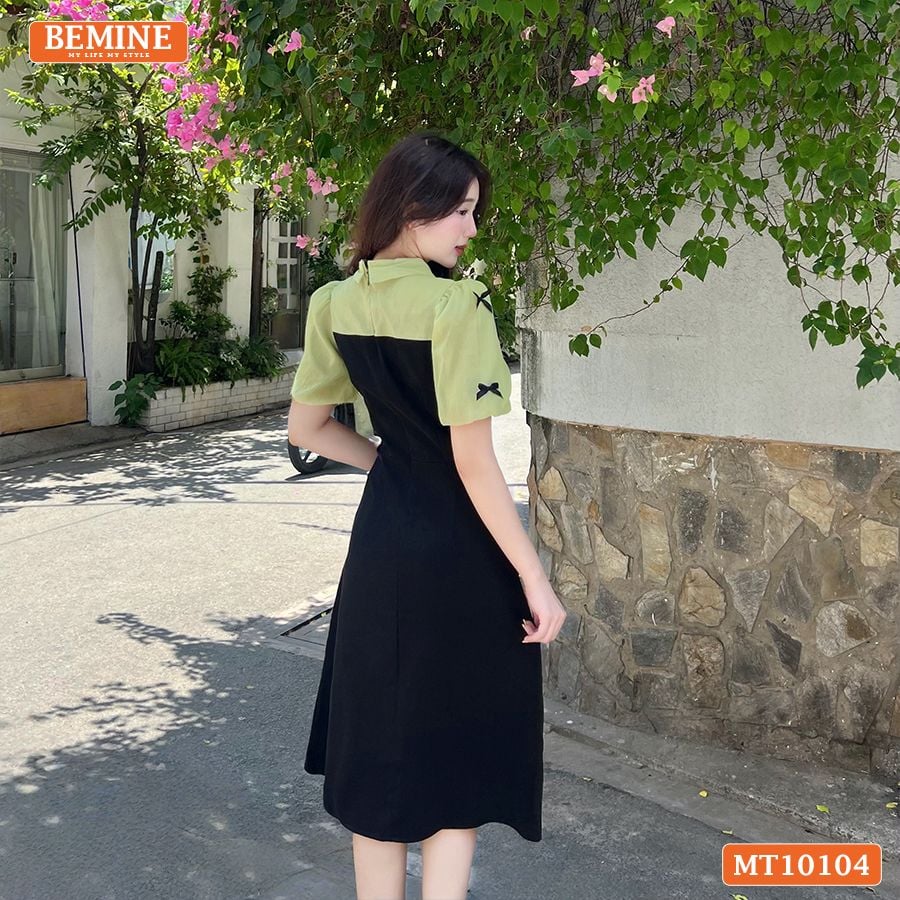 Đầm thiết kế BEMINE cổ đức tay phồng đính nơ dáng chữ A phù hợp đi làm, đi chơi-MT10104