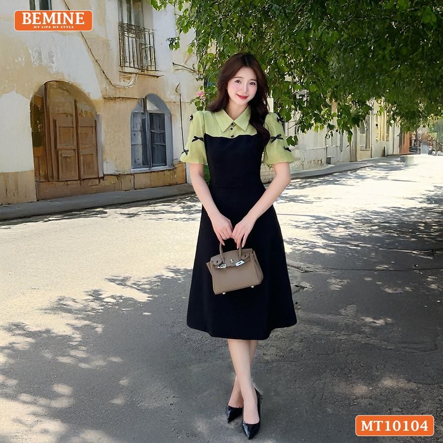 Đầm thiết kế BEMINE cổ đức tay phồng đính nơ dáng chữ A phù hợp đi làm, đi chơi-MT10104