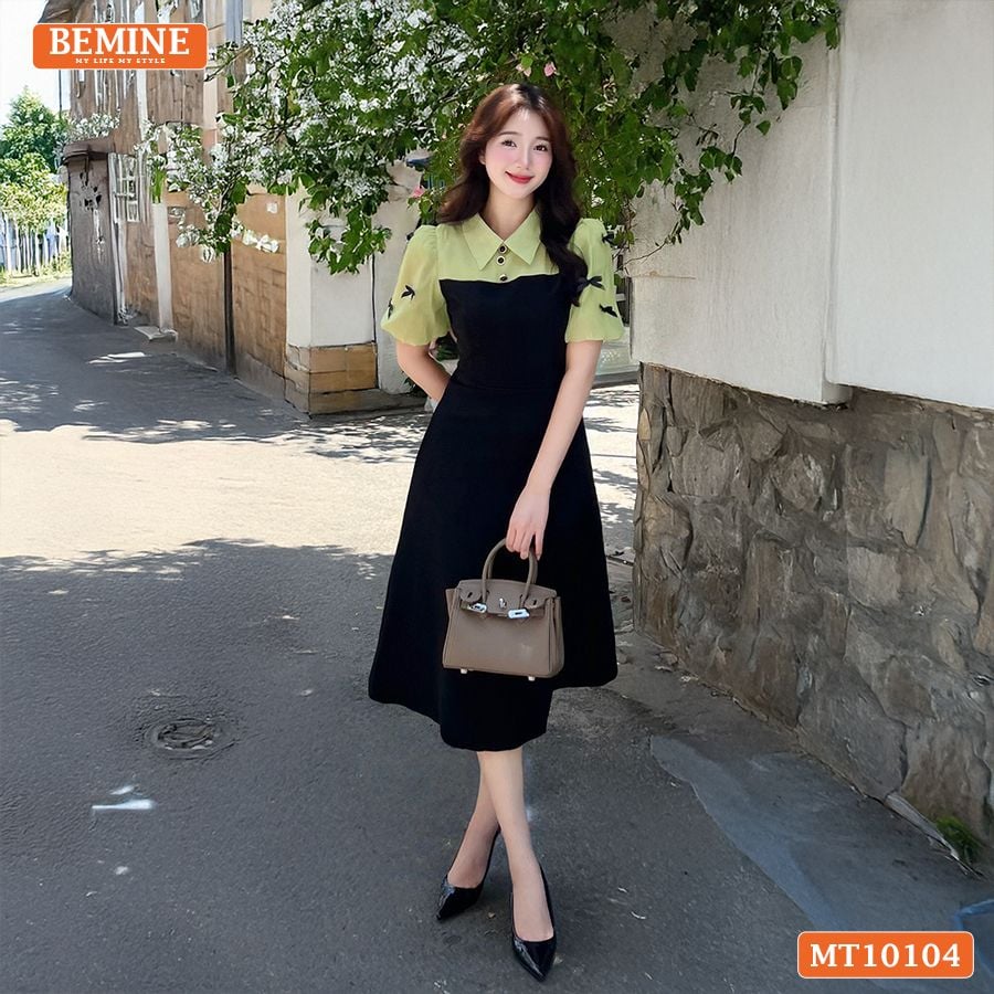 Đầm thiết kế BEMINE cổ đức tay phồng đính nơ dáng chữ A phù hợp đi làm, đi chơi-MT10104